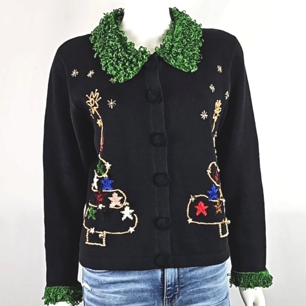 Vintage Berek Black Button Front Beaded Christmas Tree Cardigan Sweater - Picture 2 of 16